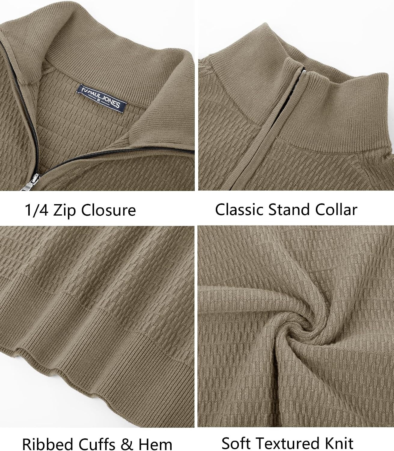 image:imagePJ PAUL JONES Sweaters for Men Quarter Zip Knit Pullover Sweater Textured Raglan Long Sleeve Casual Mock Neck Ribbed Cuffs and Hem Solid Color Slim Fit Soft Fall Winter BusinessKhaki