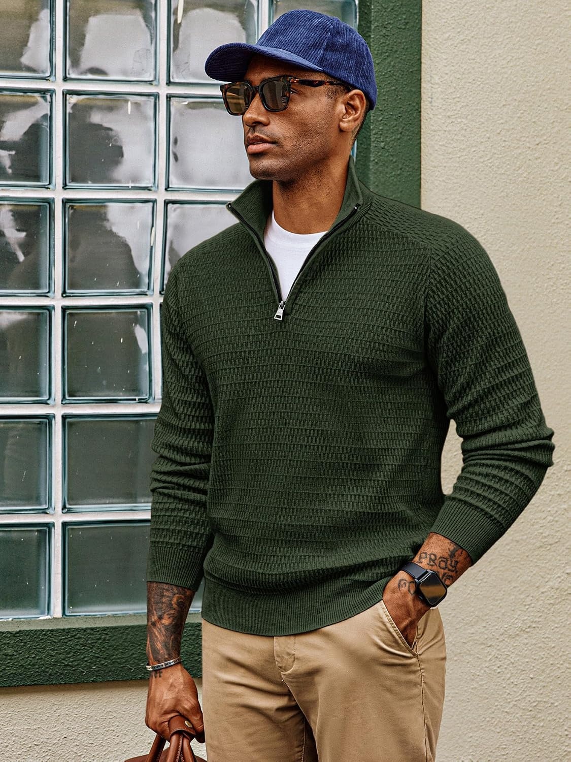 image:imagePJ PAUL JONES Sweaters for Men Quarter Zip Knit Pullover Sweater Textured Raglan Long Sleeve Casual Mock Neck Ribbed Cuffs and Hem Solid Color Slim Fit Soft Fall Winter BusinessGreen
