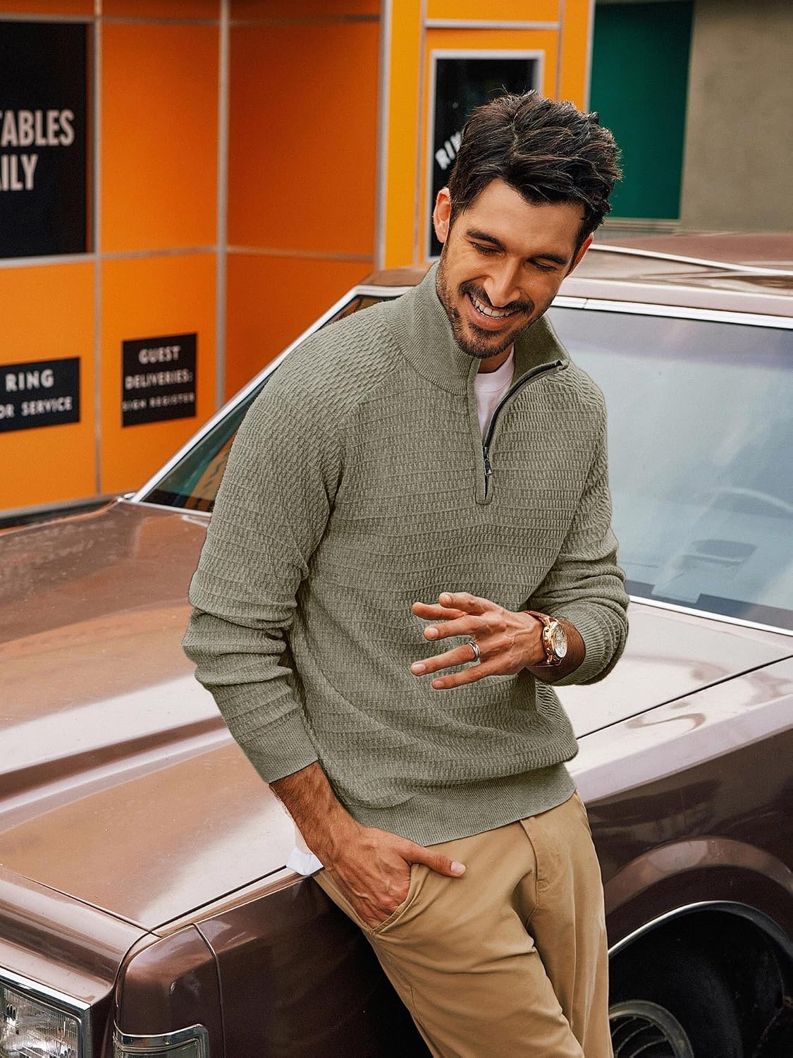 image:imagePJ PAUL JONES Sweaters for Men Quarter Zip Knit Pullover Sweater Textured Raglan Long Sleeve Casual Mock Neck Ribbed Cuffs and Hem Solid Color Slim Fit Soft Fall Winter BusinessKhaki Green