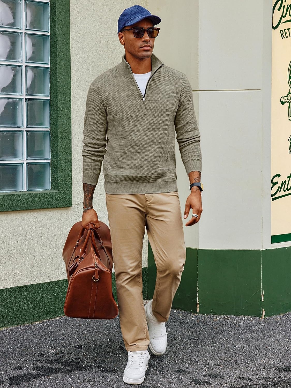 image:imagePJ PAUL JONES Sweaters for Men Quarter Zip Knit Pullover Sweater Textured Raglan Long Sleeve Casual Mock Neck Ribbed Cuffs and Hem Solid Color Slim Fit Soft Fall Winter BusinessKhaki Green