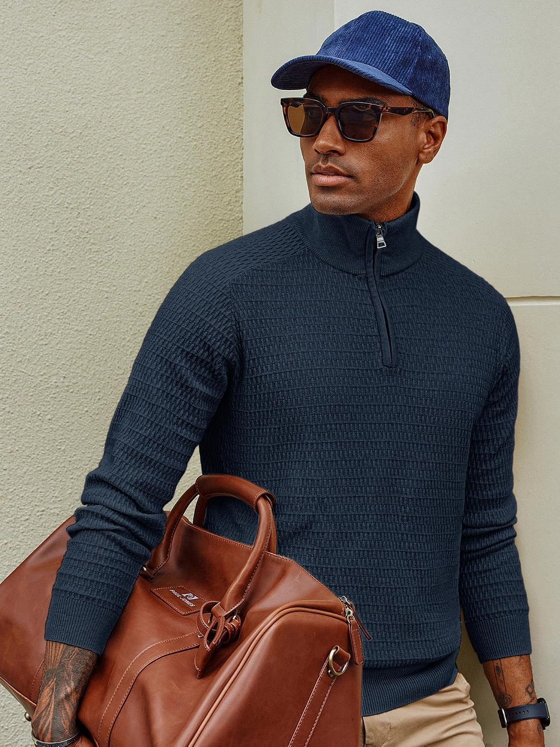 image:imagePJ PAUL JONES Sweaters for Men Quarter Zip Knit Pullover Sweater Textured Raglan Long Sleeve Casual Mock Neck Ribbed Cuffs and Hem Solid Color Slim Fit Soft Fall Winter BusinessBlue