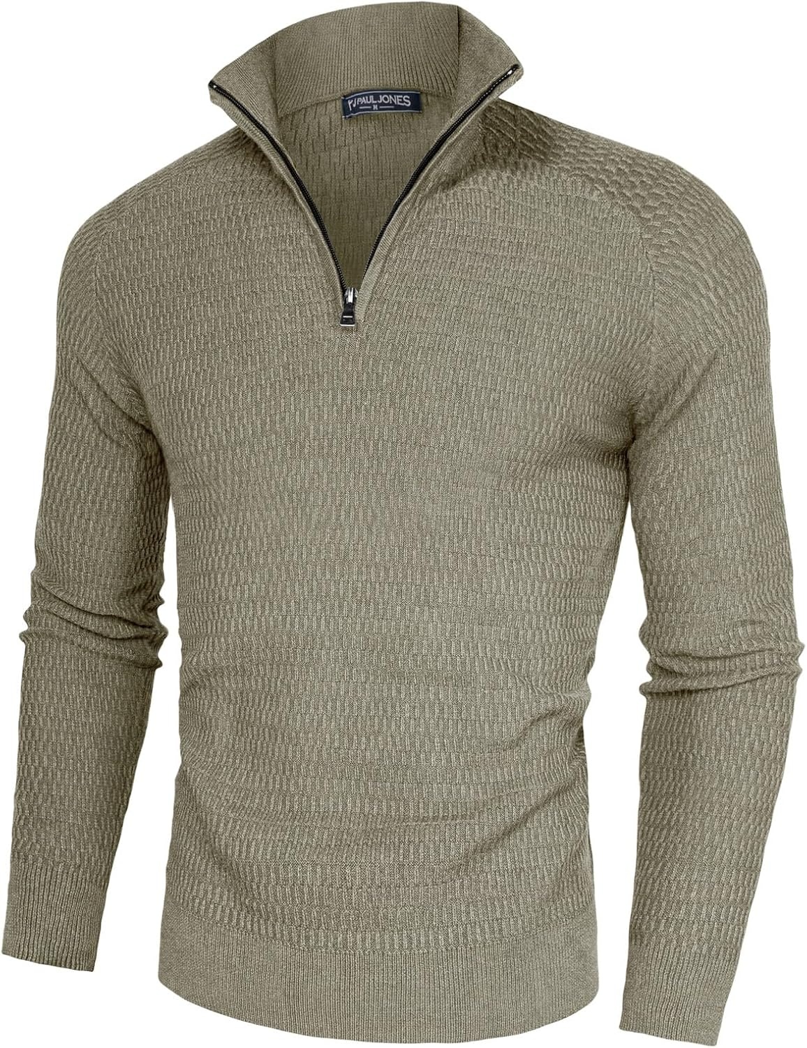 image:imagePJ PAUL JONES Sweaters for Men Quarter Zip Knit Pullover Sweater Textured Raglan Long Sleeve Casual Mock Neck Ribbed Cuffs and Hem Solid Color Slim Fit Soft Fall Winter BusinessKhaki Green