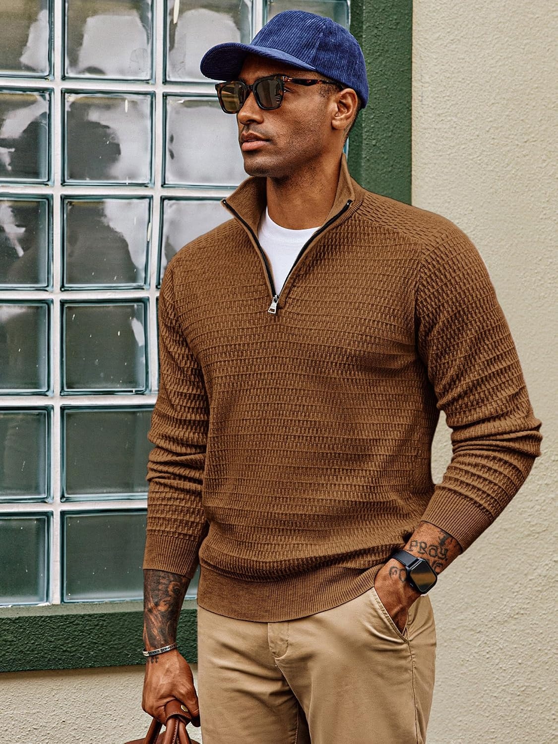 image:imagePJ PAUL JONES Sweaters for Men Quarter Zip Knit Pullover Sweater Textured Raglan Long Sleeve Casual Mock Neck Ribbed Cuffs and Hem Solid Color Slim Fit Soft Fall Winter BusinessBrown