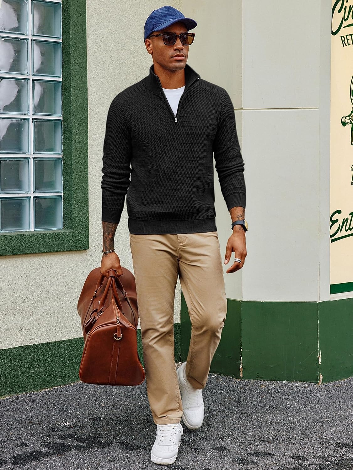 image:imagePJ PAUL JONES Sweaters for Men Quarter Zip Knit Pullover Sweater Textured Raglan Long Sleeve Casual Mock Neck Ribbed Cuffs and Hem Solid Color Slim Fit Soft Fall Winter BusinessBlack
