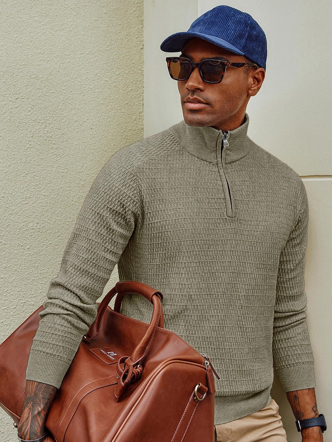image:imagePJ PAUL JONES Sweaters for Men Quarter Zip Knit Pullover Sweater Textured Raglan Long Sleeve Casual Mock Neck Ribbed Cuffs and Hem Solid Color Slim Fit Soft Fall Winter BusinessKhaki Green