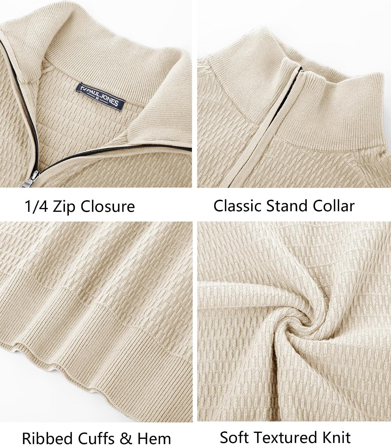 image:imagePJ PAUL JONES Sweaters for Men Quarter Zip Knit Pullover Sweater Textured Raglan Long Sleeve Casual Mock Neck Ribbed Cuffs and Hem Solid Color Slim Fit Soft Fall Winter BusinessBeige