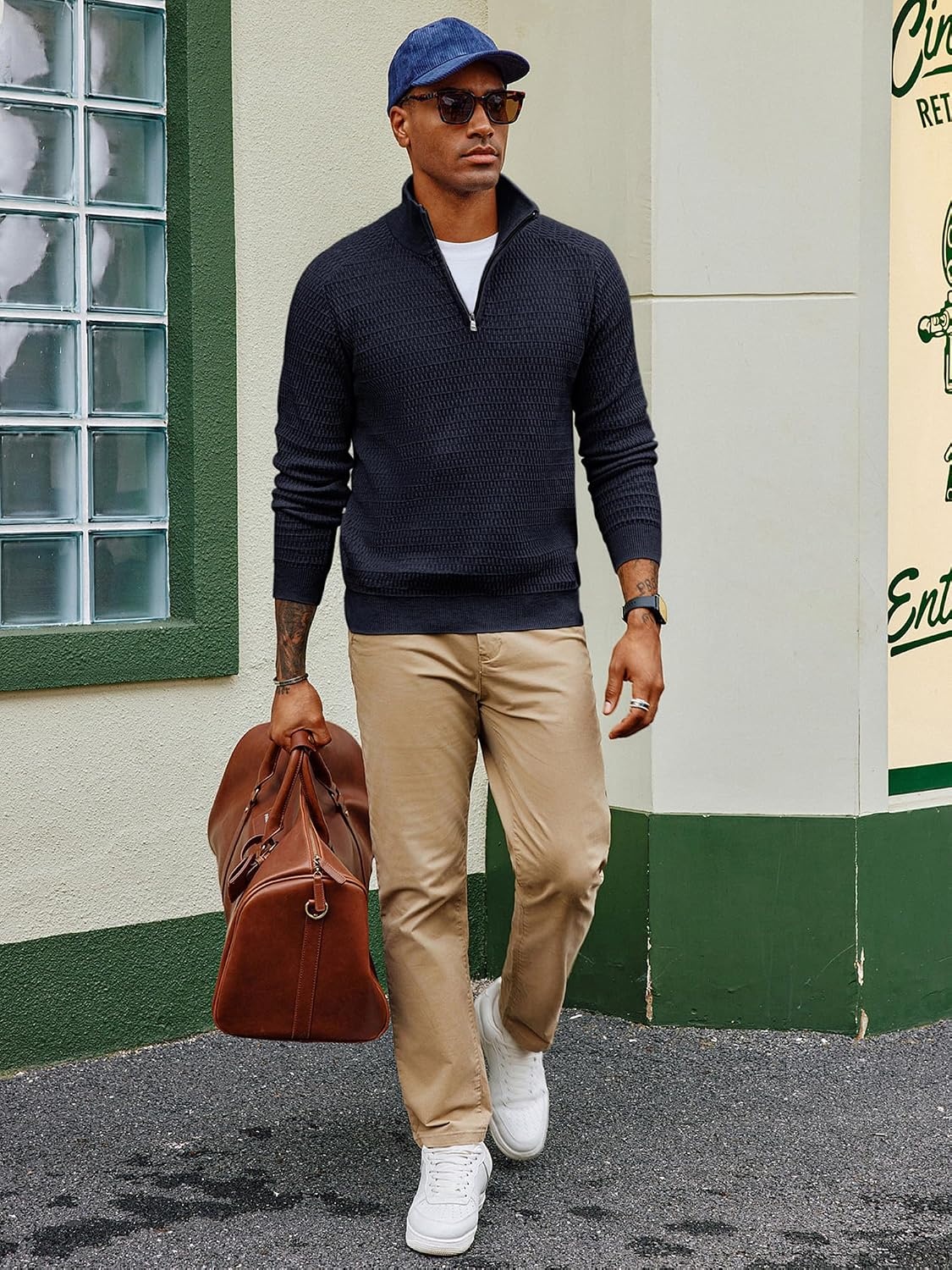 image:imagePJ PAUL JONES Sweaters for Men Quarter Zip Knit Pullover Sweater Textured Raglan Long Sleeve Casual Mock Neck Ribbed Cuffs and Hem Solid Color Slim Fit Soft Fall Winter BusinessNavy Blue