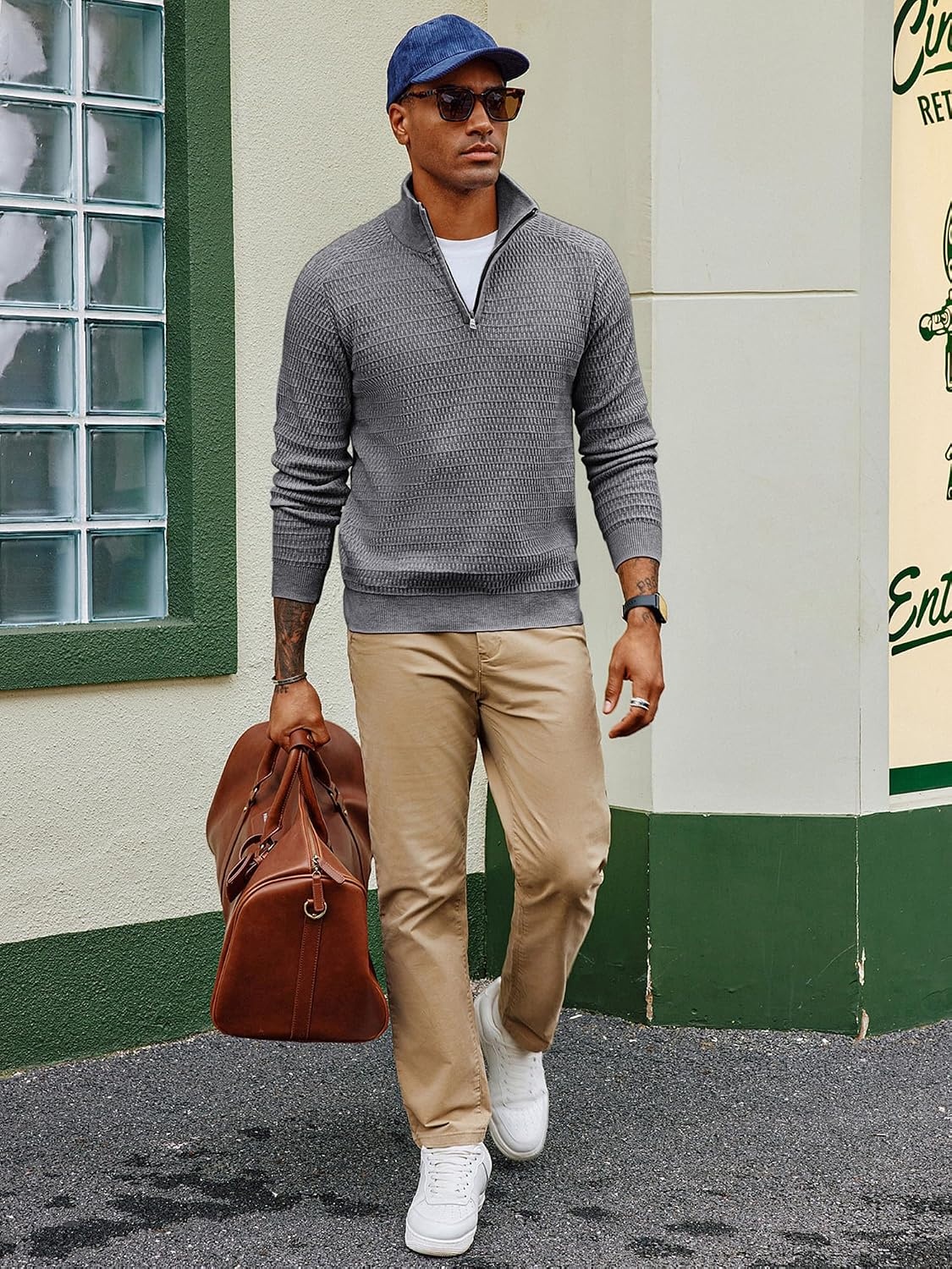 image:imagePJ PAUL JONES Sweaters for Men Quarter Zip Knit Pullover Sweater Textured Raglan Long Sleeve Casual Mock Neck Ribbed Cuffs and Hem Solid Color Slim Fit Soft Fall Winter BusinessGrey