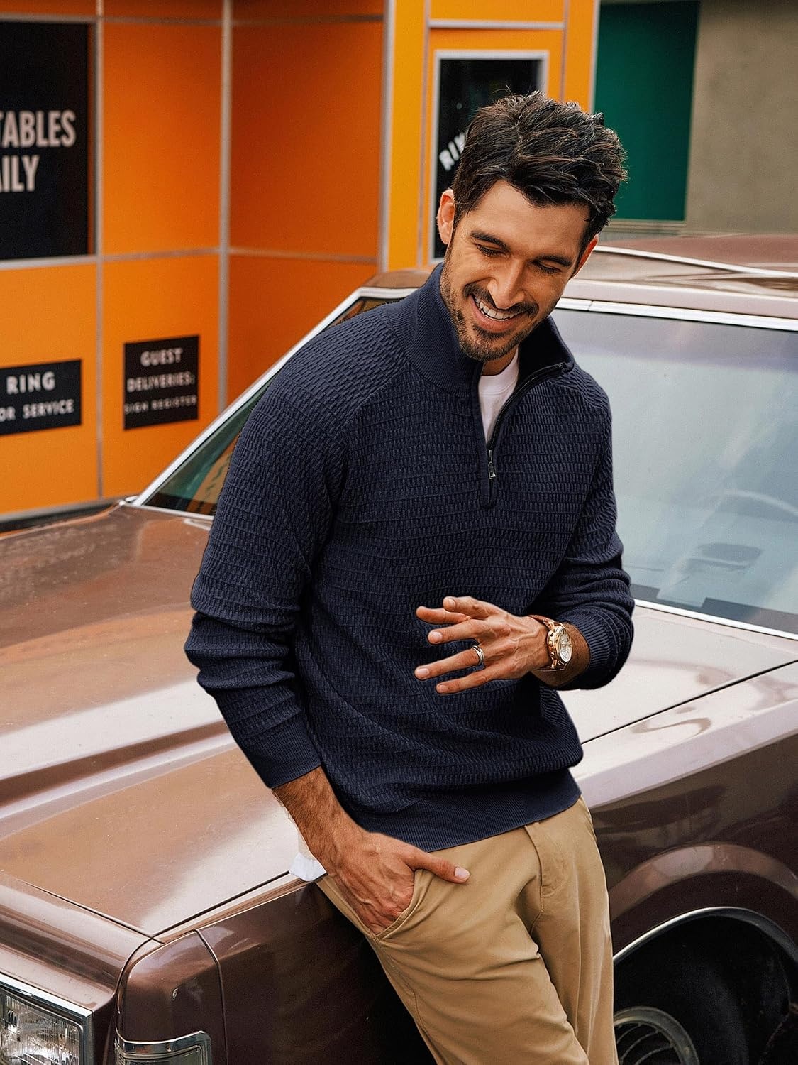 image:imagePJ PAUL JONES Sweaters for Men Quarter Zip Knit Pullover Sweater Textured Raglan Long Sleeve Casual Mock Neck Ribbed Cuffs and Hem Solid Color Slim Fit Soft Fall Winter BusinessNavy Blue