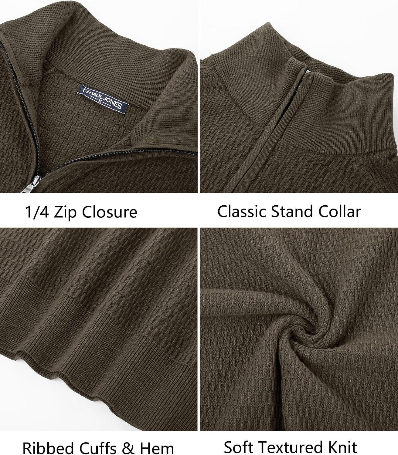 image:imagePJ PAUL JONES Sweaters for Men Quarter Zip Knit Pullover Sweater Textured Raglan Long Sleeve Casual Mock Neck Ribbed Cuffs and Hem Solid Color Slim Fit Soft Fall Winter BusinessDark Brown