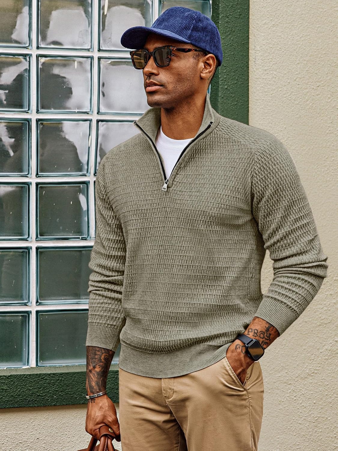 image:imagePJ PAUL JONES Sweaters for Men Quarter Zip Knit Pullover Sweater Textured Raglan Long Sleeve Casual Mock Neck Ribbed Cuffs and Hem Solid Color Slim Fit Soft Fall Winter BusinessKhaki Green