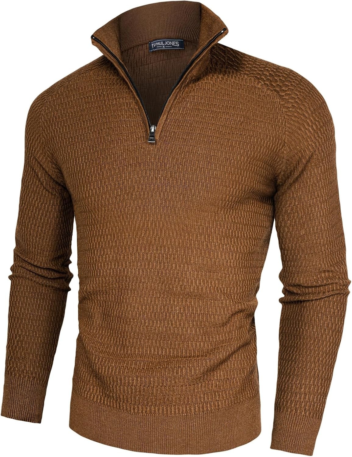 image:imagePJ PAUL JONES Sweaters for Men Quarter Zip Knit Pullover Sweater Textured Raglan Long Sleeve Casual Mock Neck Ribbed Cuffs and Hem Solid Color Slim Fit Soft Fall Winter BusinessBrown