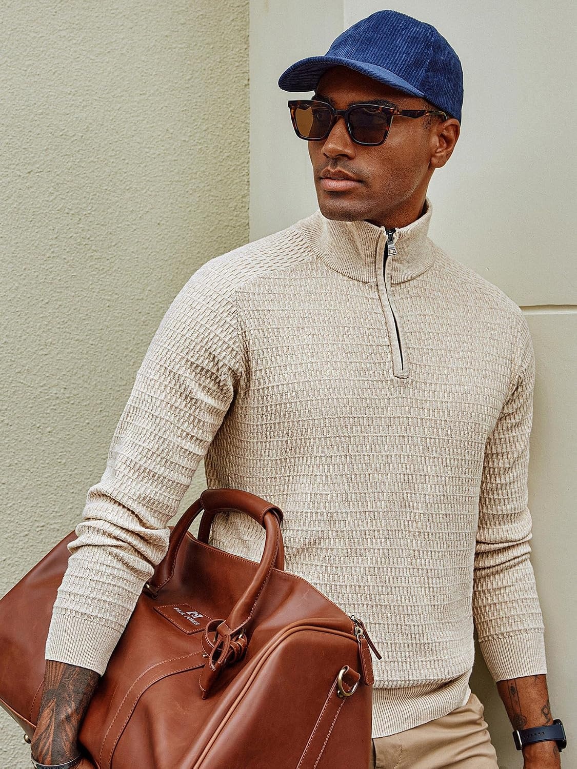image:imagePJ PAUL JONES Sweaters for Men Quarter Zip Knit Pullover Sweater Textured Raglan Long Sleeve Casual Mock Neck Ribbed Cuffs and Hem Solid Color Slim Fit Soft Fall Winter BusinessBeige