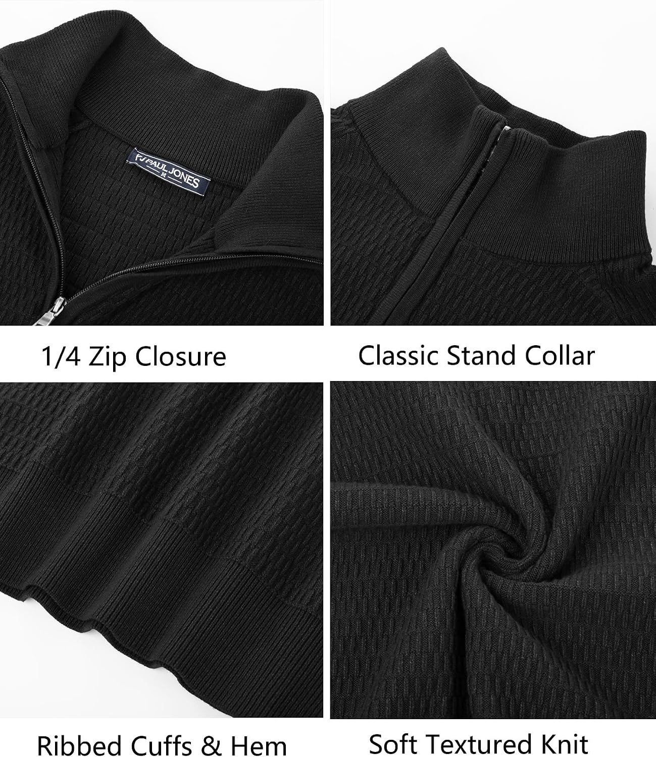image:imagePJ PAUL JONES Sweaters for Men Quarter Zip Knit Pullover Sweater Textured Raglan Long Sleeve Casual Mock Neck Ribbed Cuffs and Hem Solid Color Slim Fit Soft Fall Winter BusinessBlack