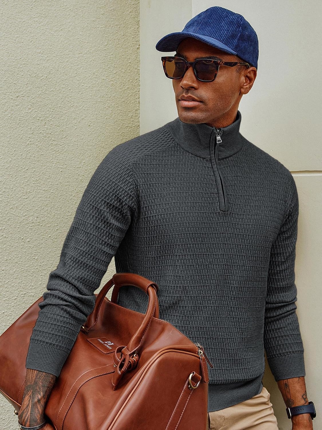 image:imagePJ PAUL JONES Sweaters for Men Quarter Zip Knit Pullover Sweater Textured Raglan Long Sleeve Casual Mock Neck Ribbed Cuffs and Hem Solid Color Slim Fit Soft Fall Winter BusinessDark Grey
