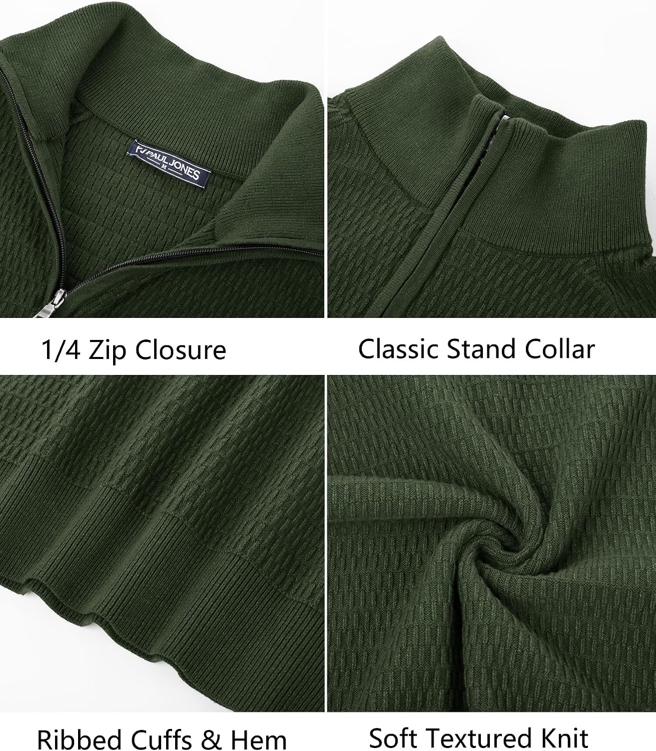 image:imagePJ PAUL JONES Sweaters for Men Quarter Zip Knit Pullover Sweater Textured Raglan Long Sleeve Casual Mock Neck Ribbed Cuffs and Hem Solid Color Slim Fit Soft Fall Winter BusinessGreen