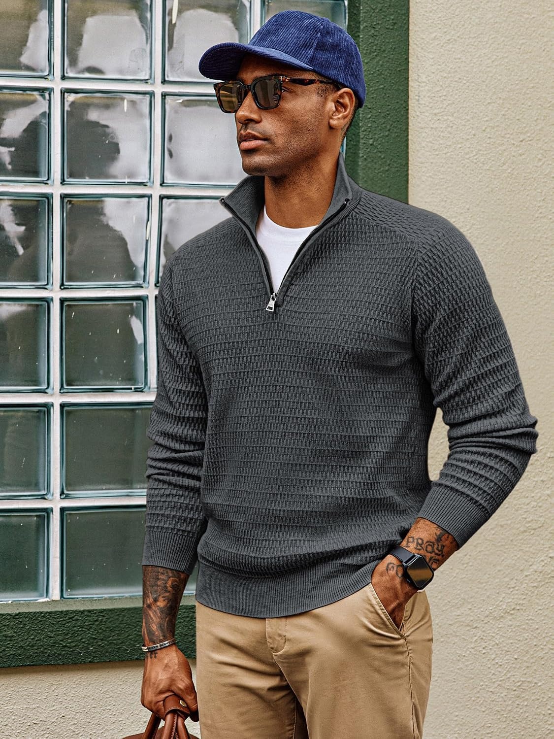 image:imagePJ PAUL JONES Sweaters for Men Quarter Zip Knit Pullover Sweater Textured Raglan Long Sleeve Casual Mock Neck Ribbed Cuffs and Hem Solid Color Slim Fit Soft Fall Winter BusinessDark Grey