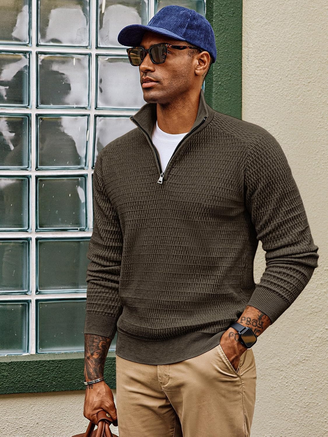 image:imagePJ PAUL JONES Sweaters for Men Quarter Zip Knit Pullover Sweater Textured Raglan Long Sleeve Casual Mock Neck Ribbed Cuffs and Hem Solid Color Slim Fit Soft Fall Winter BusinessDark Brown