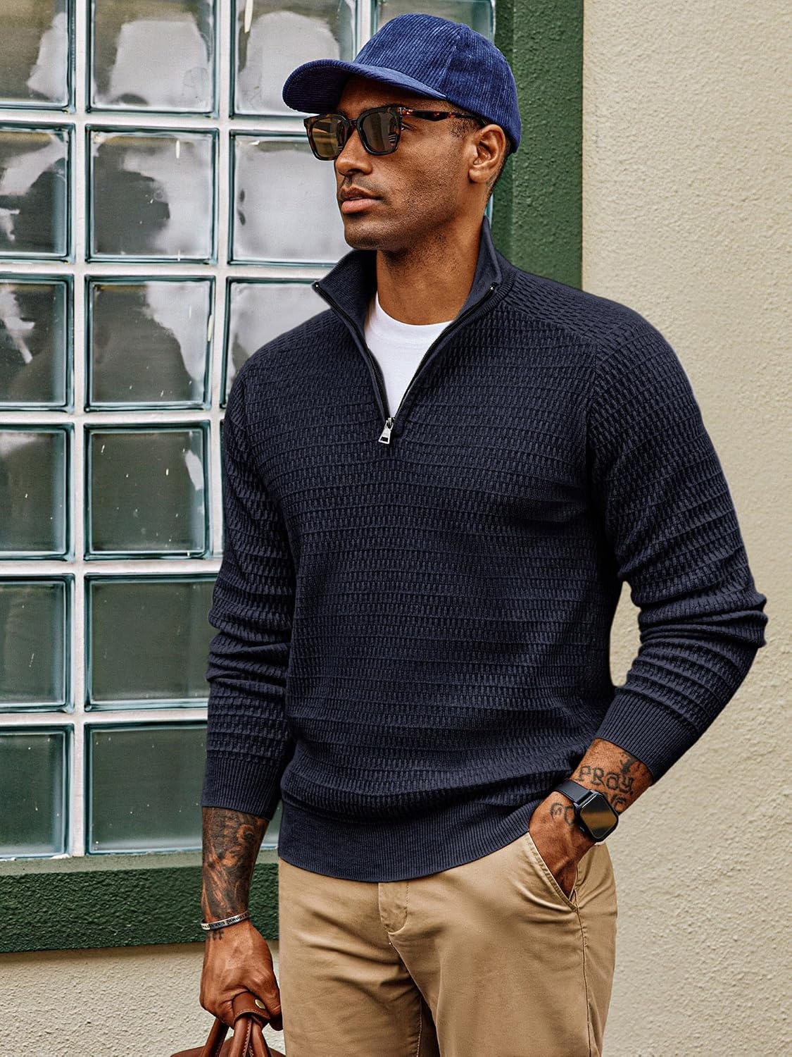 image:imagePJ PAUL JONES Sweaters for Men Quarter Zip Knit Pullover Sweater Textured Raglan Long Sleeve Casual Mock Neck Ribbed Cuffs and Hem Solid Color Slim Fit Soft Fall Winter BusinessNavy Blue