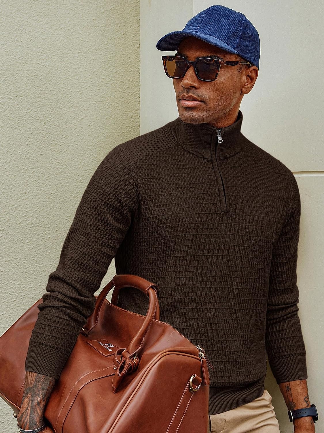 image:imagePJ PAUL JONES Sweaters for Men Quarter Zip Knit Pullover Sweater Textured Raglan Long Sleeve Casual Mock Neck Ribbed Cuffs and Hem Solid Color Slim Fit Soft Fall Winter BusinessCoffee
