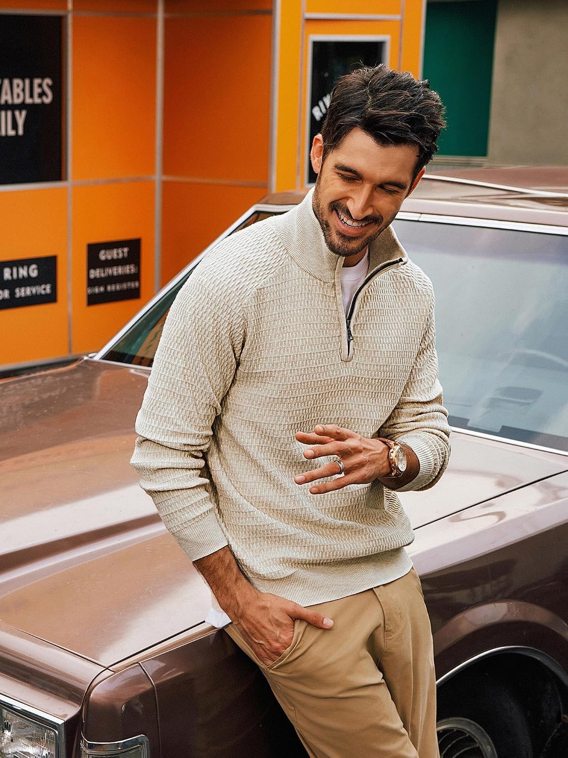 image:imagePJ PAUL JONES Sweaters for Men Quarter Zip Knit Pullover Sweater Textured Raglan Long Sleeve Casual Mock Neck Ribbed Cuffs and Hem Solid Color Slim Fit Soft Fall Winter BusinessBeige