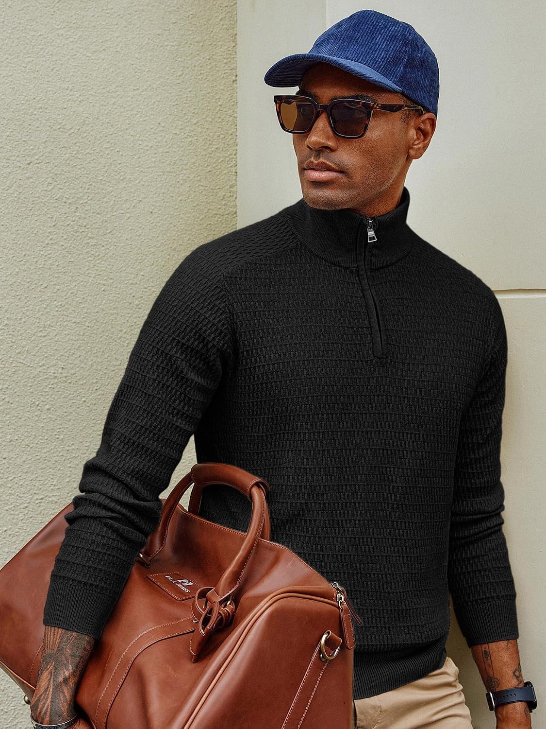 image:imagePJ PAUL JONES Sweaters for Men Quarter Zip Knit Pullover Sweater Textured Raglan Long Sleeve Casual Mock Neck Ribbed Cuffs and Hem Solid Color Slim Fit Soft Fall Winter BusinessBlack