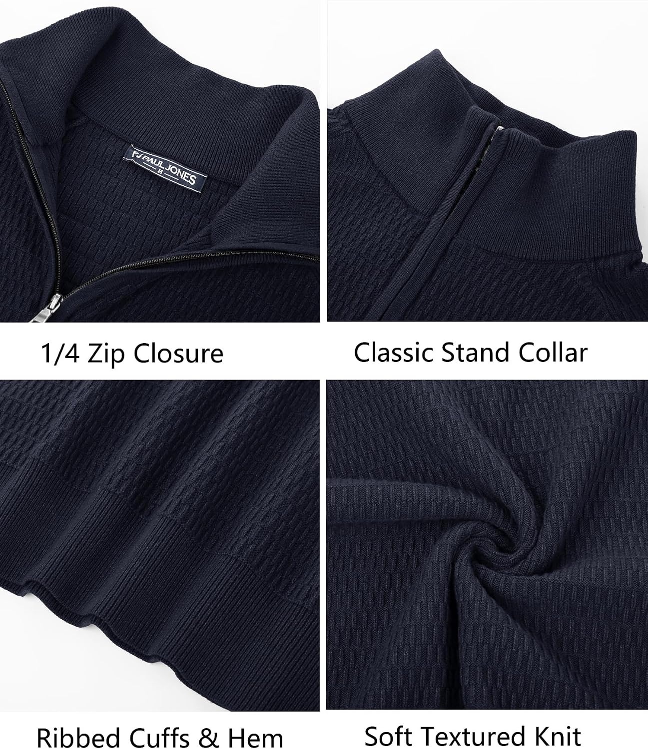 image:imagePJ PAUL JONES Sweaters for Men Quarter Zip Knit Pullover Sweater Textured Raglan Long Sleeve Casual Mock Neck Ribbed Cuffs and Hem Solid Color Slim Fit Soft Fall Winter BusinessNavy Blue