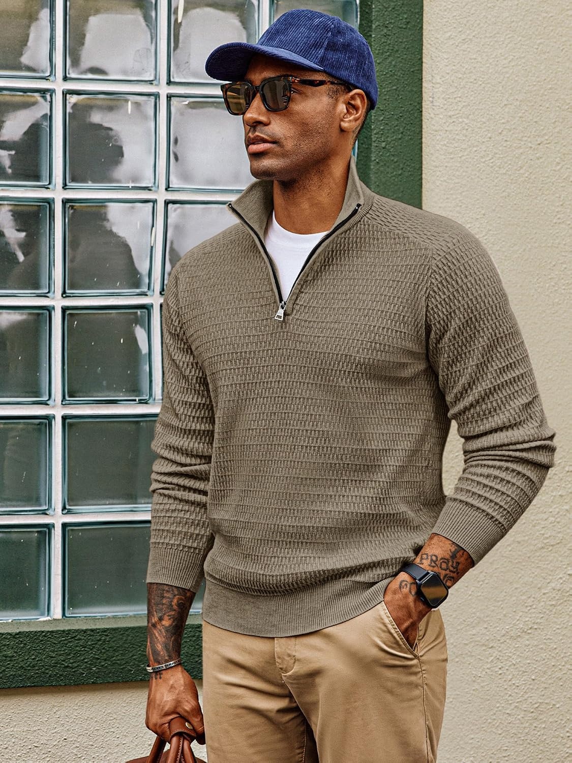 image:imagePJ PAUL JONES Sweaters for Men Quarter Zip Knit Pullover Sweater Textured Raglan Long Sleeve Casual Mock Neck Ribbed Cuffs and Hem Solid Color Slim Fit Soft Fall Winter BusinessKhaki