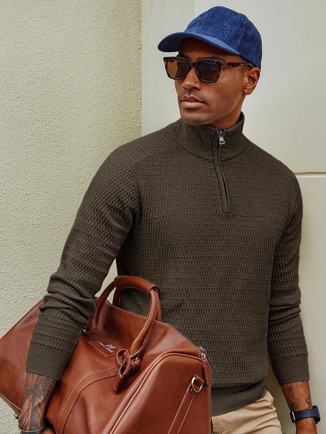 image:imagePJ PAUL JONES Sweaters for Men Quarter Zip Knit Pullover Sweater Textured Raglan Long Sleeve Casual Mock Neck Ribbed Cuffs and Hem Solid Color Slim Fit Soft Fall Winter BusinessDark Brown