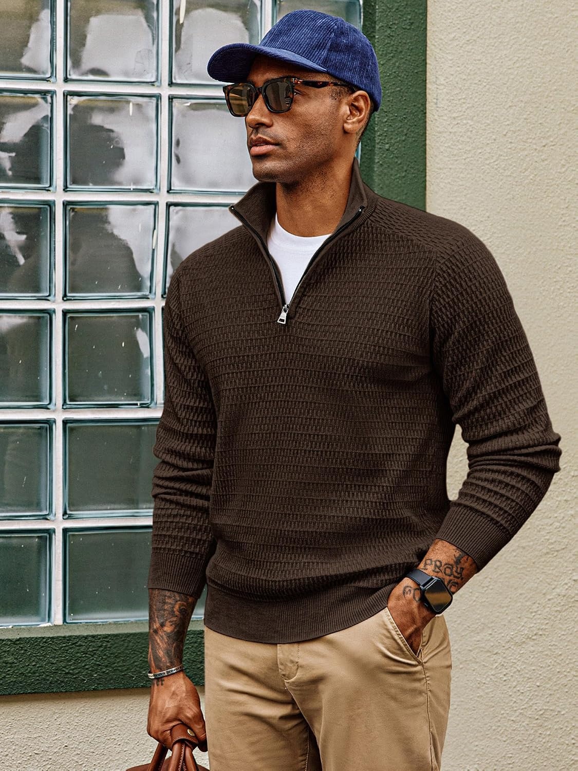 image:imagePJ PAUL JONES Sweaters for Men Quarter Zip Knit Pullover Sweater Textured Raglan Long Sleeve Casual Mock Neck Ribbed Cuffs and Hem Solid Color Slim Fit Soft Fall Winter BusinessCoffee