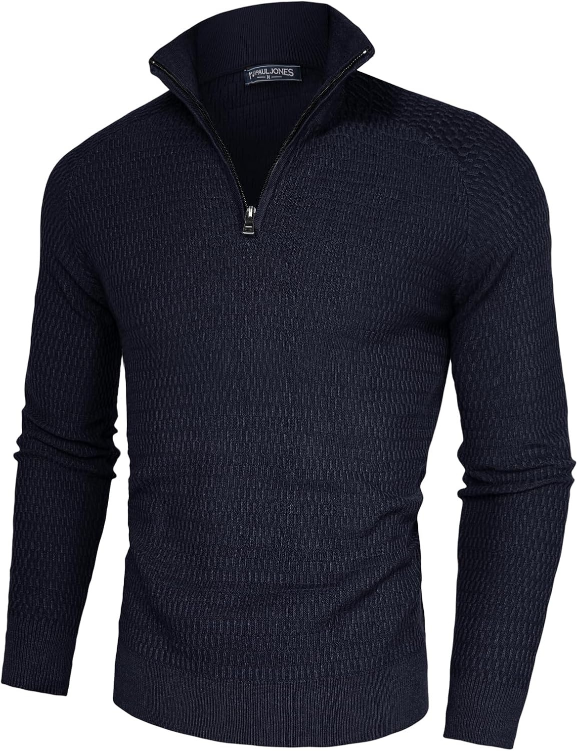 image:imagePJ PAUL JONES Sweaters for Men Quarter Zip Knit Pullover Sweater Textured Raglan Long Sleeve Casual Mock Neck Ribbed Cuffs and Hem Solid Color Slim Fit Soft Fall Winter BusinessNavy Blue
