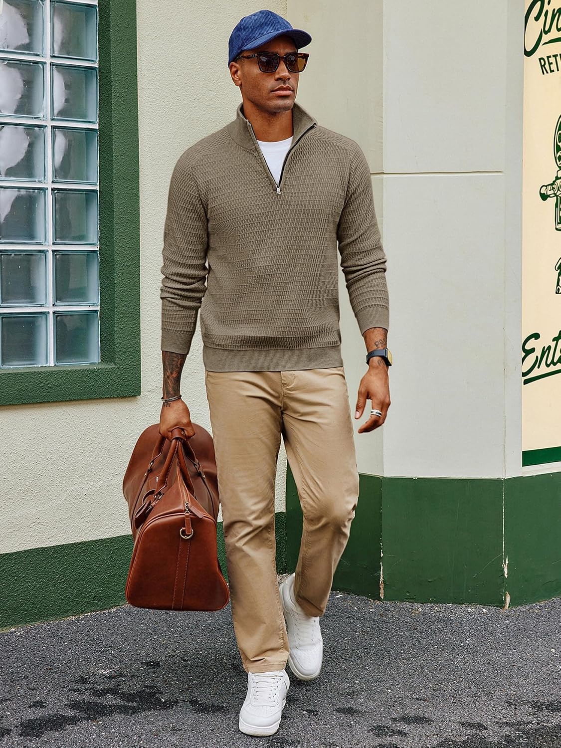 image:imagePJ PAUL JONES Sweaters for Men Quarter Zip Knit Pullover Sweater Textured Raglan Long Sleeve Casual Mock Neck Ribbed Cuffs and Hem Solid Color Slim Fit Soft Fall Winter BusinessKhaki