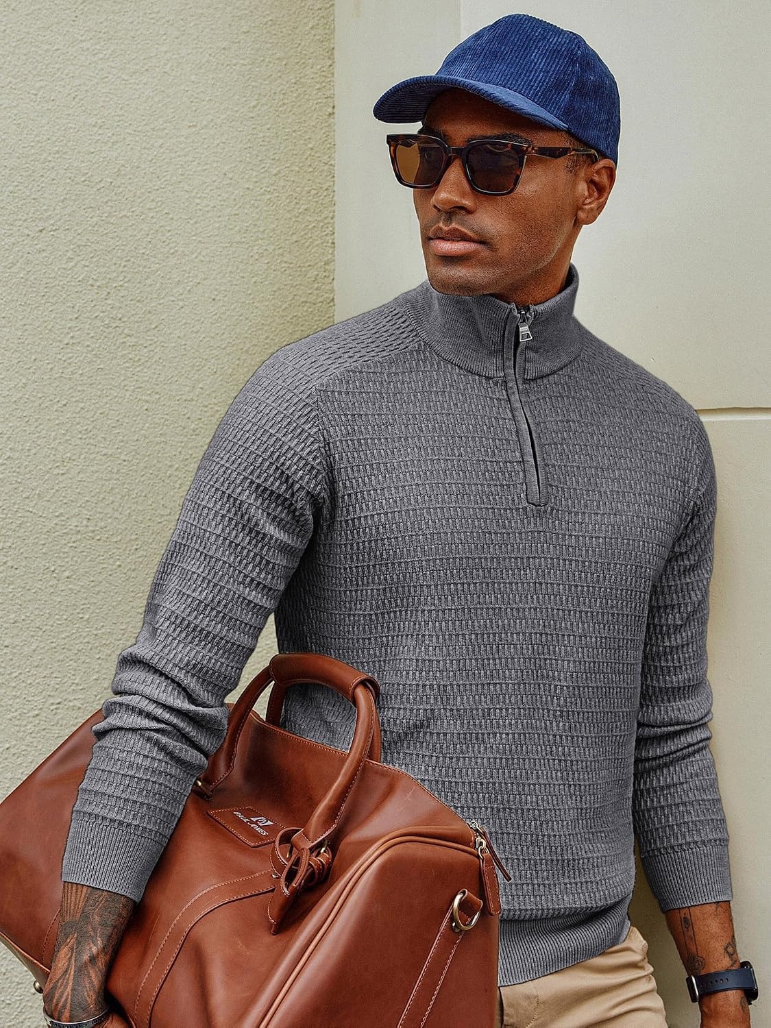 image:imagePJ PAUL JONES Sweaters for Men Quarter Zip Knit Pullover Sweater Textured Raglan Long Sleeve Casual Mock Neck Ribbed Cuffs and Hem Solid Color Slim Fit Soft Fall Winter BusinessGrey