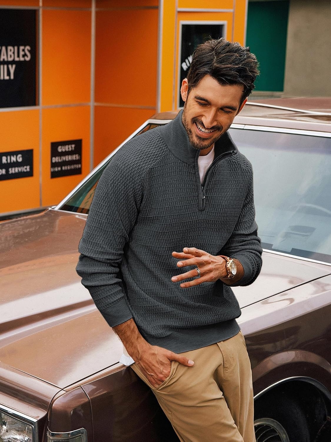 image:imagePJ PAUL JONES Sweaters for Men Quarter Zip Knit Pullover Sweater Textured Raglan Long Sleeve Casual Mock Neck Ribbed Cuffs and Hem Solid Color Slim Fit Soft Fall Winter BusinessDark Grey