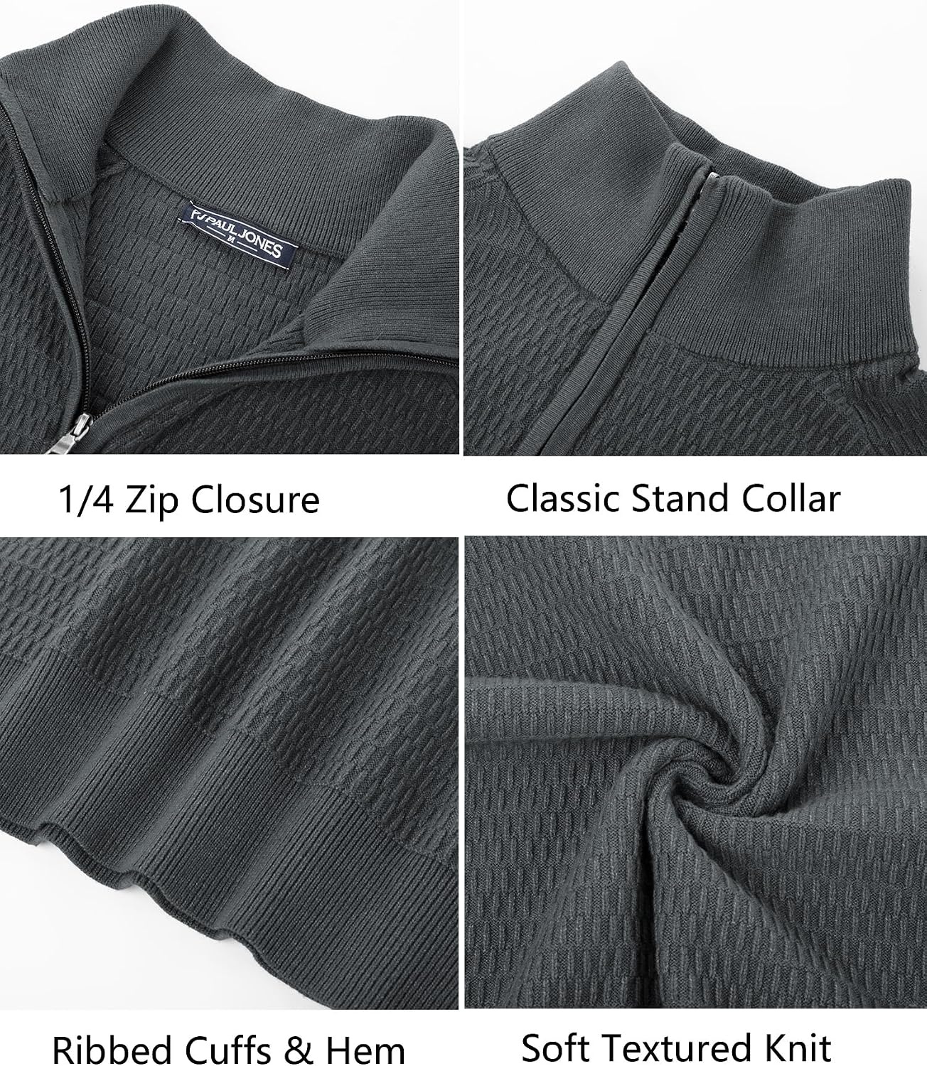 image:imagePJ PAUL JONES Sweaters for Men Quarter Zip Knit Pullover Sweater Textured Raglan Long Sleeve Casual Mock Neck Ribbed Cuffs and Hem Solid Color Slim Fit Soft Fall Winter BusinessDark Grey