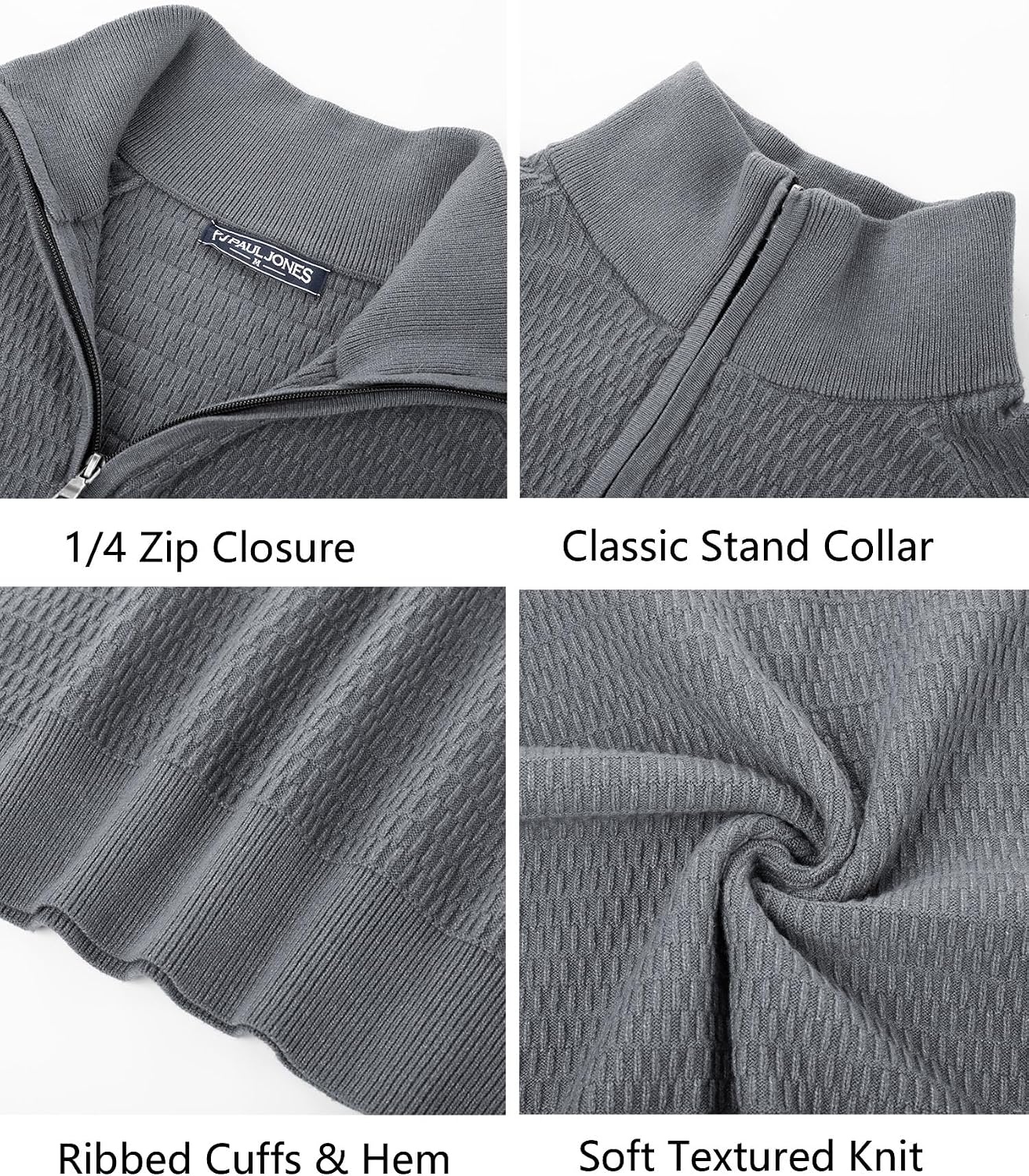 image:imagePJ PAUL JONES Sweaters for Men Quarter Zip Knit Pullover Sweater Textured Raglan Long Sleeve Casual Mock Neck Ribbed Cuffs and Hem Solid Color Slim Fit Soft Fall Winter BusinessGrey