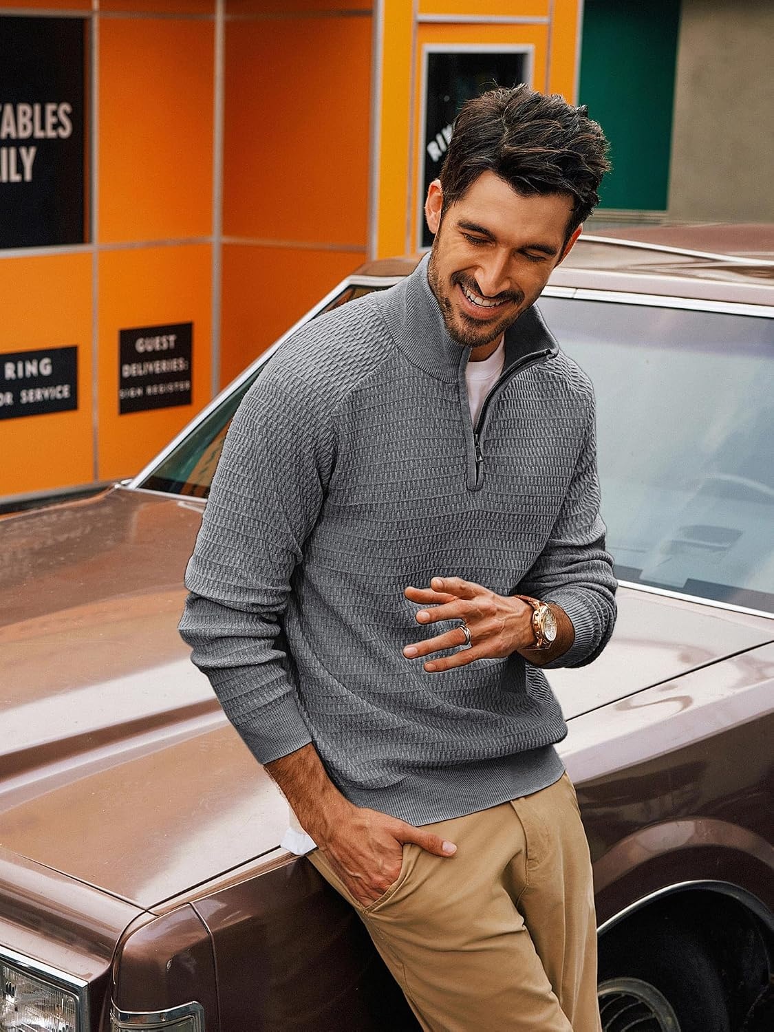 image:imagePJ PAUL JONES Sweaters for Men Quarter Zip Knit Pullover Sweater Textured Raglan Long Sleeve Casual Mock Neck Ribbed Cuffs and Hem Solid Color Slim Fit Soft Fall Winter BusinessGrey
