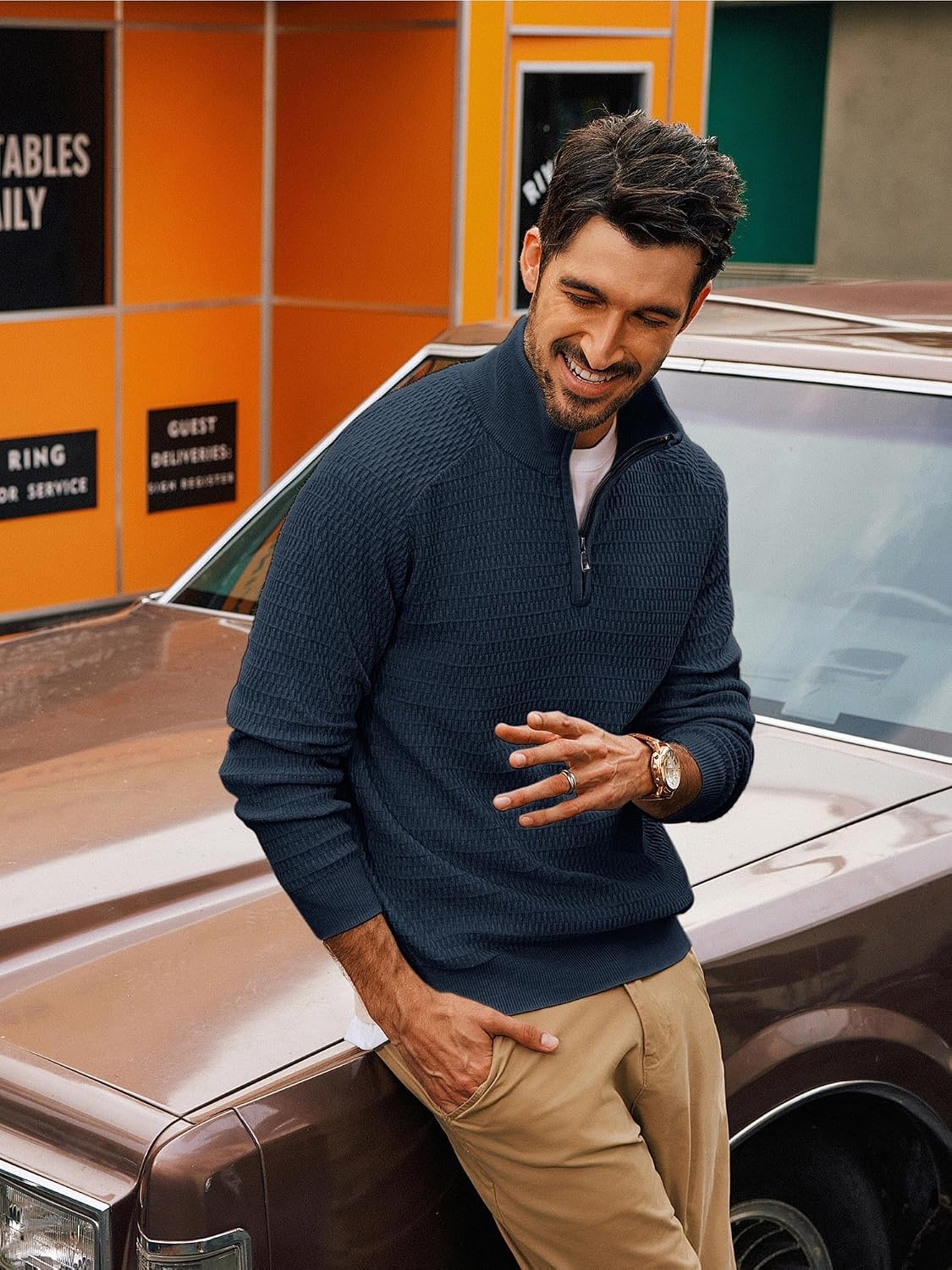 image:imagePJ PAUL JONES Sweaters for Men Quarter Zip Knit Pullover Sweater Textured Raglan Long Sleeve Casual Mock Neck Ribbed Cuffs and Hem Solid Color Slim Fit Soft Fall Winter BusinessBlue