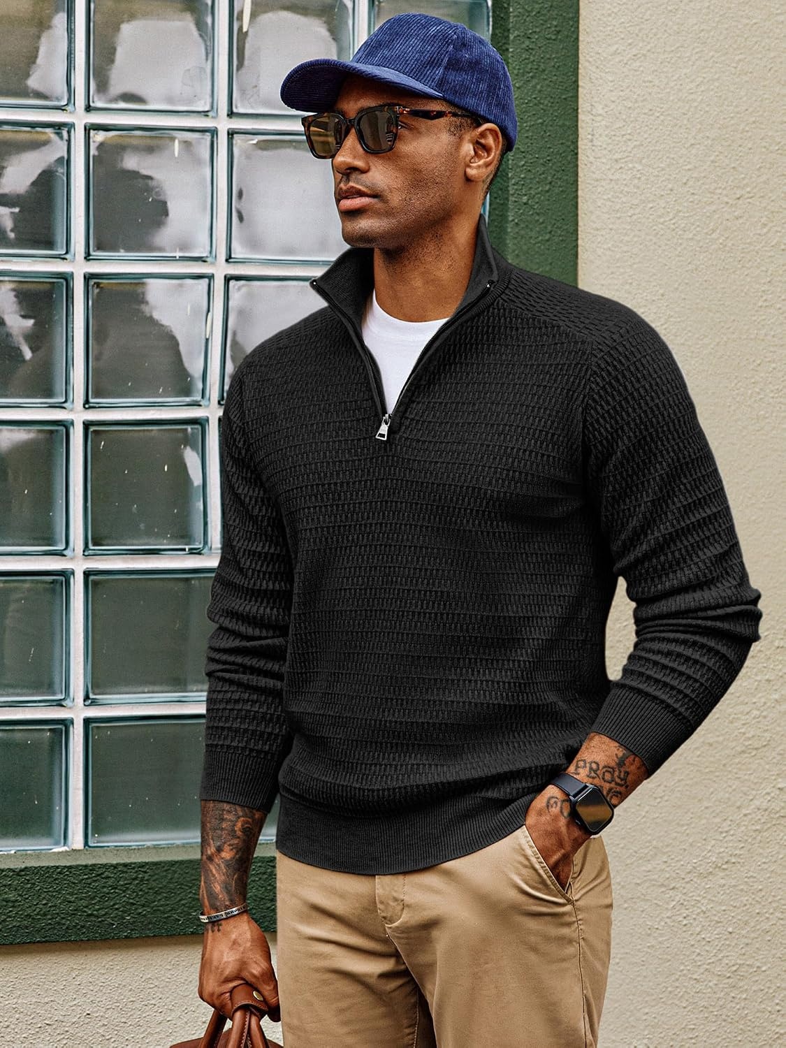 image:imagePJ PAUL JONES Sweaters for Men Quarter Zip Knit Pullover Sweater Textured Raglan Long Sleeve Casual Mock Neck Ribbed Cuffs and Hem Solid Color Slim Fit Soft Fall Winter BusinessBlack
