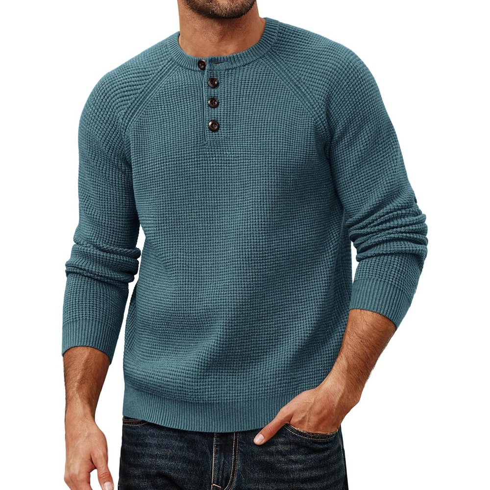 image:imagePJ Jones Mens Sweaters Casual Waffle Pullover Sweater Button Crewneck Textured Knit Henley SweatersAqua Green
