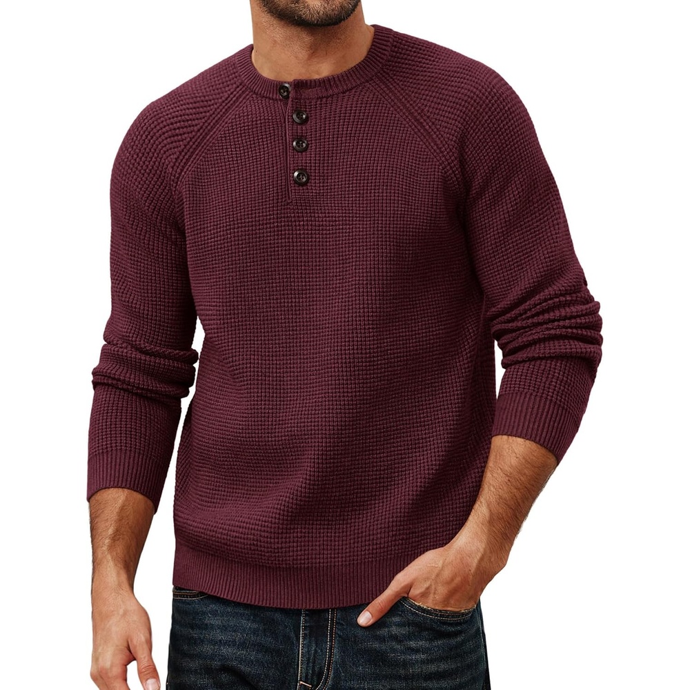 image:imagePJ Jones Mens Sweaters Casual Waffle Pullover Sweater Button Crewneck Textured Knit Henley SweatersBurgundy