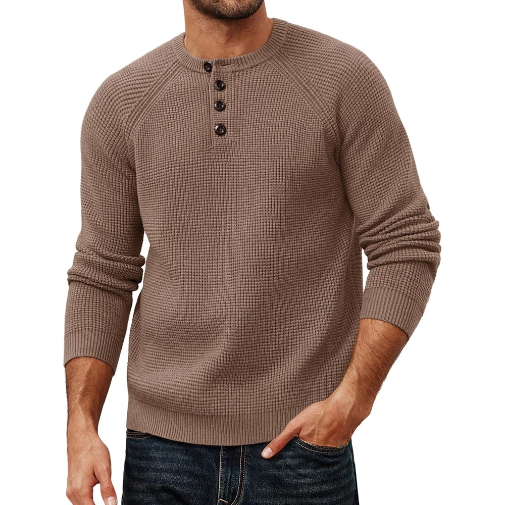 image:imagePJ Jones Mens Sweaters Casual Waffle Pullover Sweater Button Crewneck Textured Knit Henley SweatersCamel