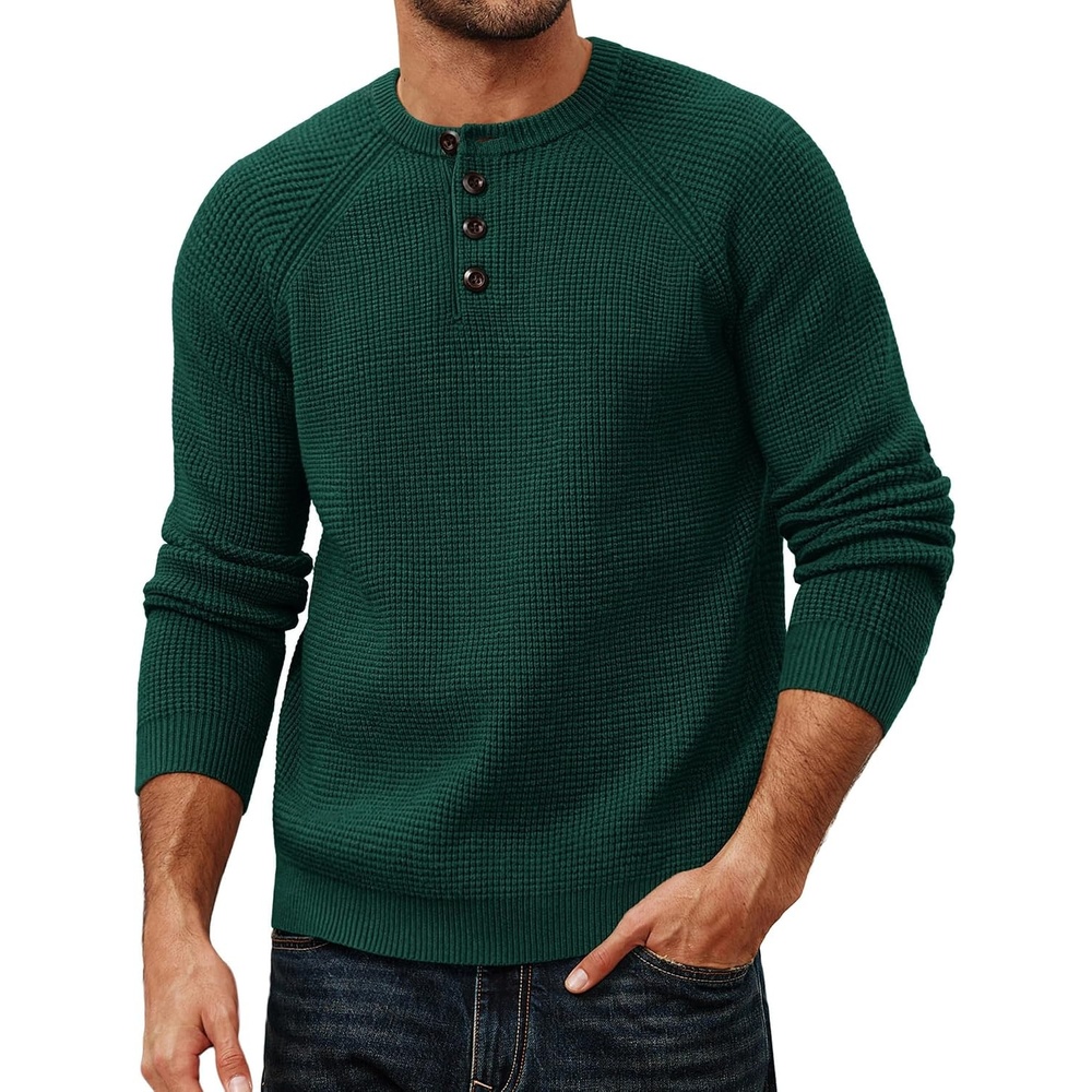 image:imagePJ Jones Mens Sweaters Casual Waffle Pullover Sweater Button Crewneck Textured Knit Henley SweatersDark Green