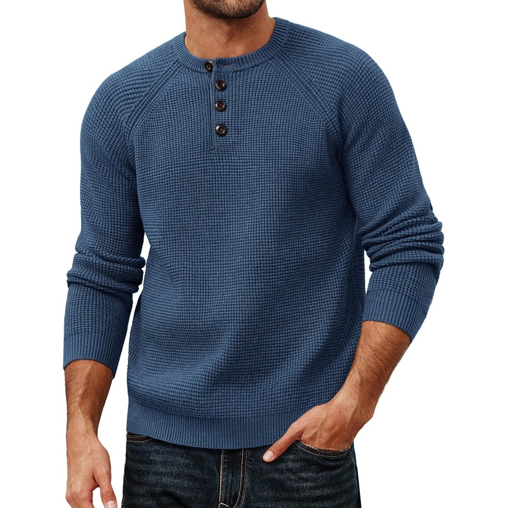 image:imagePJ Jones Mens Sweaters Casual Waffle Pullover Sweater Button Crewneck Textured Knit Henley SweatersDenim Blue