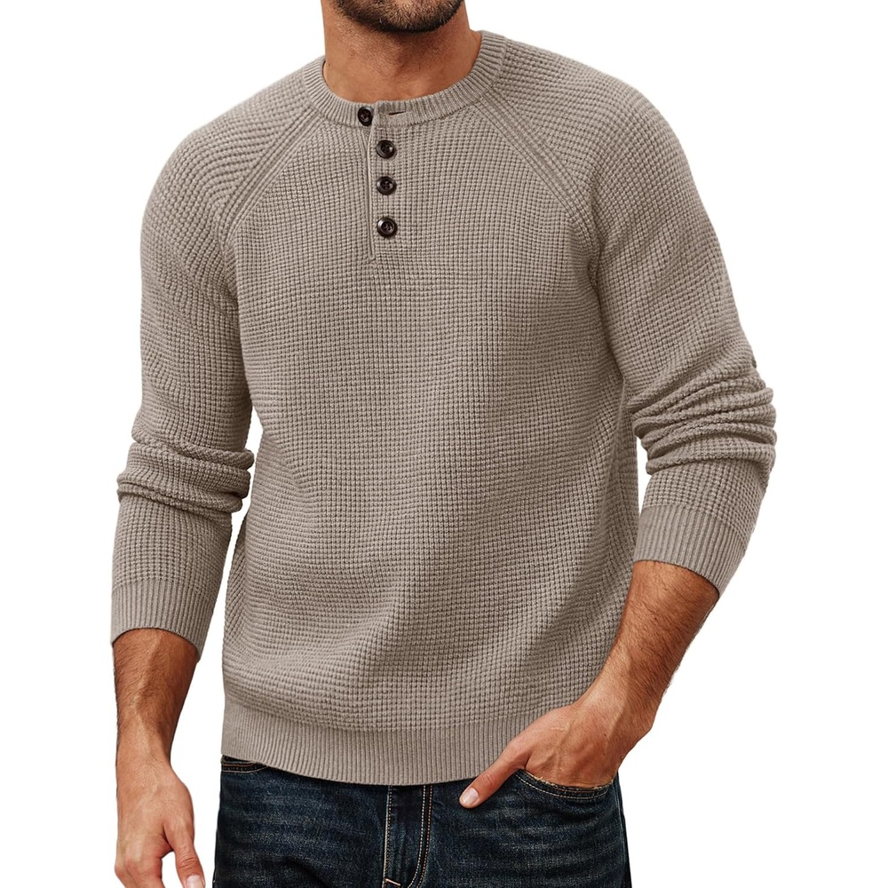 image:imagePJ Jones Mens Sweaters Casual Waffle Pullover Sweater Button Crewneck Textured Knit Henley SweatersKhaki