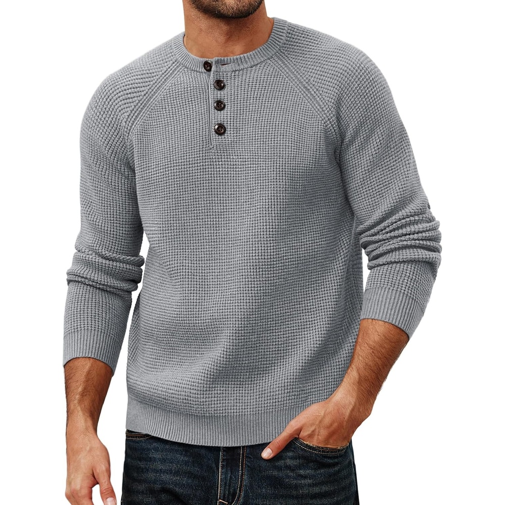 image:imagePJ Jones Mens Sweaters Casual Waffle Pullover Sweater Button Crewneck Textured Knit Henley SweatersLight Grey