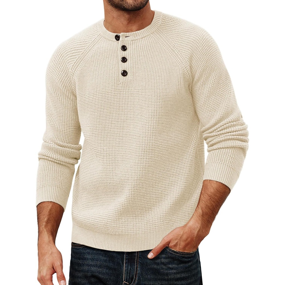 image:imagePJ Jones Mens Sweaters Casual Waffle Pullover Sweater Button Crewneck Textured Knit Henley SweatersWhite