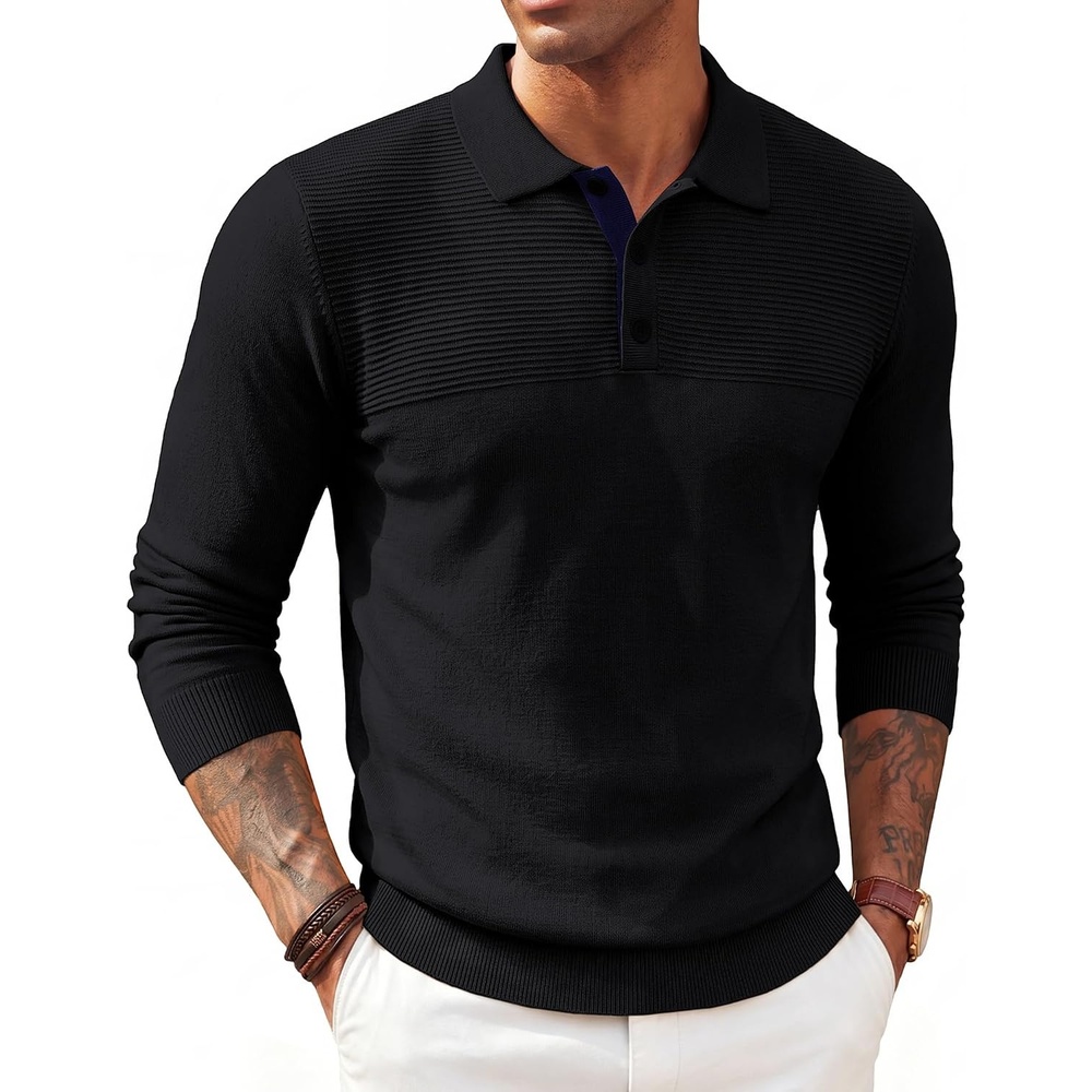 image:imagePJ PAUL JONES Mens Knit Polo Shirt Lightweight Textured Sweater  Polo Sweaters Long Sleeve Collared Regular Fit Fall and Winter Suit for Daily Casual Business Work GolfBlack