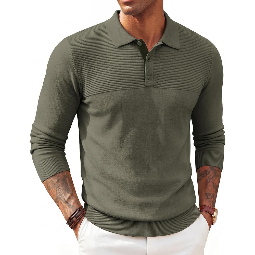 image:imagePJ PAUL JONES Mens Knit Polo Shirt Lightweight Textured Sweater  Polo Sweaters Long Sleeve Collared Regular Fit Fall and Winter Suit for Daily Casual Business Work GolfOlive
