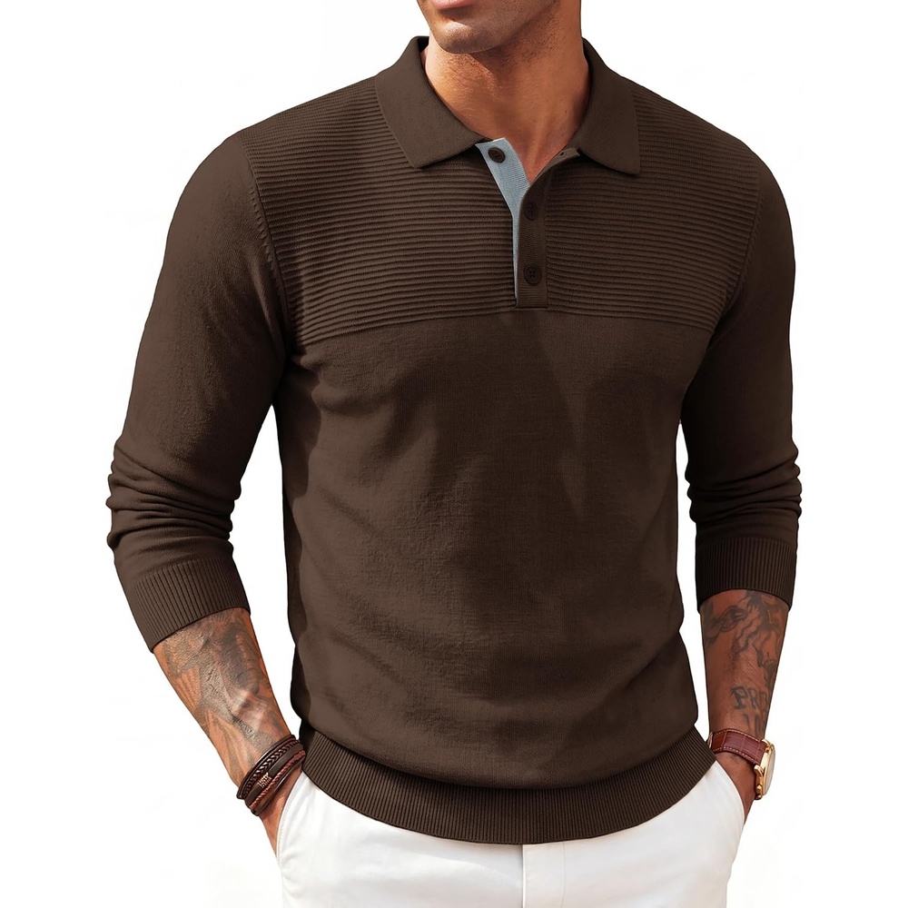 image:imagePJ PAUL JONES Mens Knit Polo Shirt Lightweight Textured Sweater  Polo Sweaters Long Sleeve Collared Regular Fit Fall and Winter Suit for Daily Casual Business Work GolfCoffee
